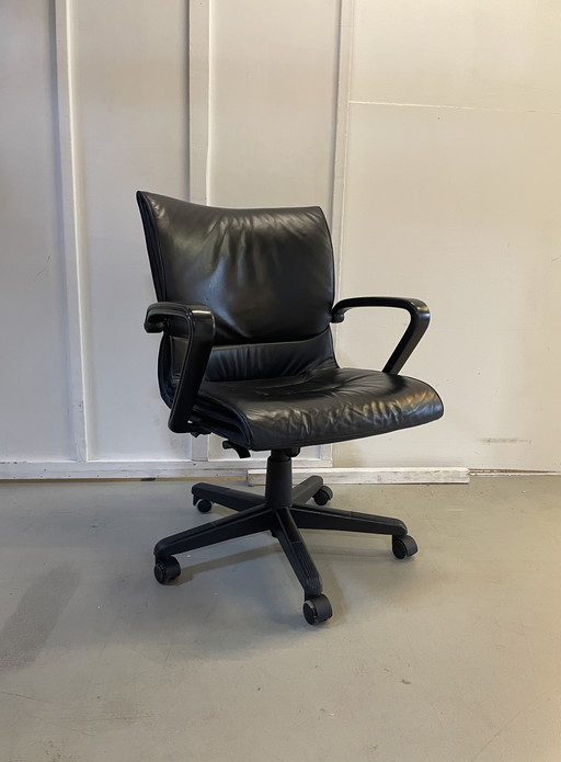 Black Leather Office Chair Model "Qualis" by Emilio Ambasz for Tecno, 1991