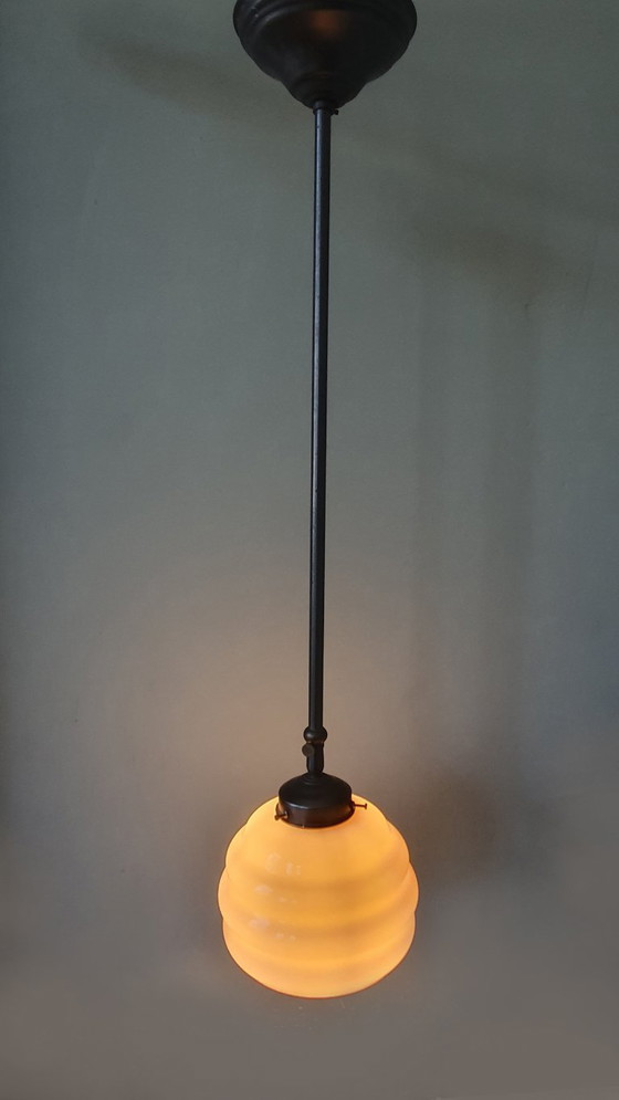 Image 1 of Long Vintage Art Deco Rose Opaline pendant lamp - hanging lamp
