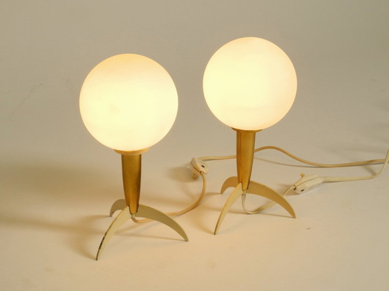 Image 1 of Two Mid-Century Modern rocket table lamps in brass and glass