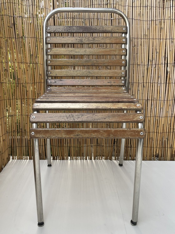 Image 1 of Franse bistrostoelen stapelbaar (set van 4) van chroom en hout