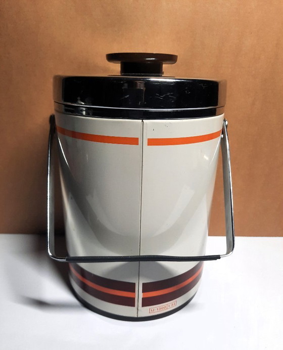 Image 1 of Vintage 1970s Himalaya Ice Jar – Retro Orange Stripes Ice Bucket with Tongs – Mid-Century Bar Essential