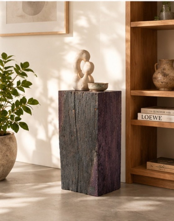 Wabi-Sabi Sculptural Oak Pedestal / Side Table, Solid Reclaimed Wood (35 cm), Brown, Rustic (photo 3 of 9)