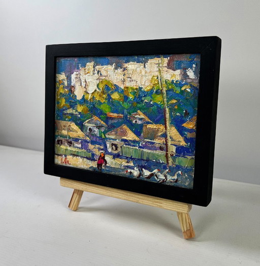 Original Oil Painting Summer City Landscape Sunlight gently pours through houses