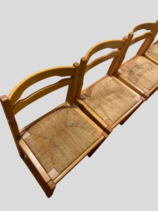 Set of 4 elm and straw sled chairs - Maison Regain - 1970s