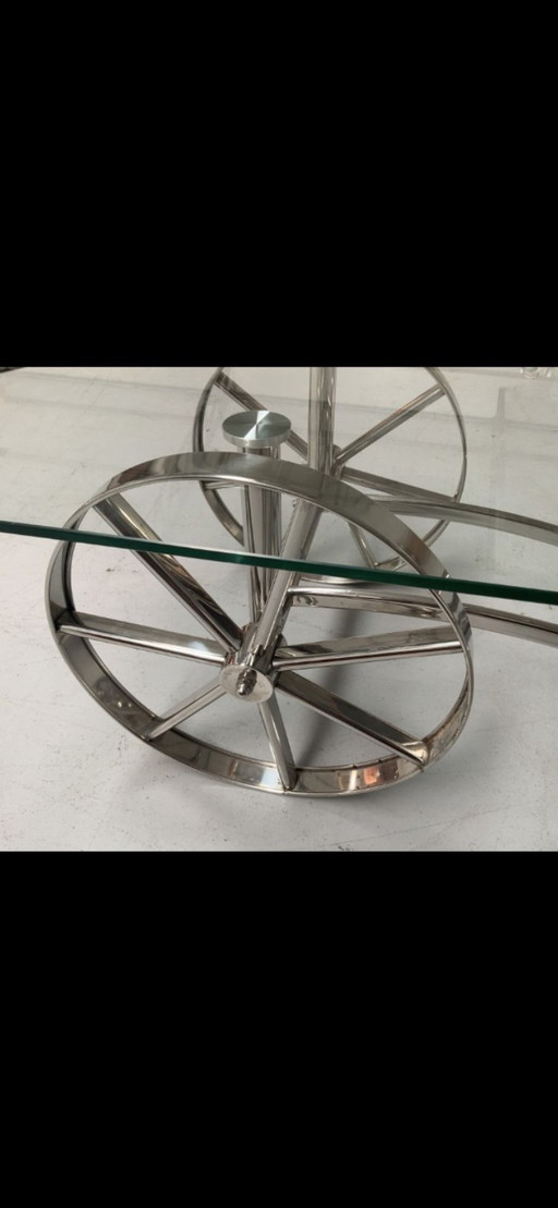 Tavolo in vetro con base in acciaio inox e ruote, design Cobb & Co / Gae Allentown Style