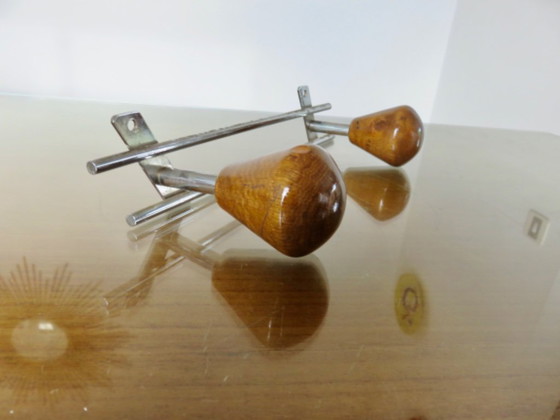 Image 1 of Porte manteau mural scandinave, bois et métal chromé, 60's 70's