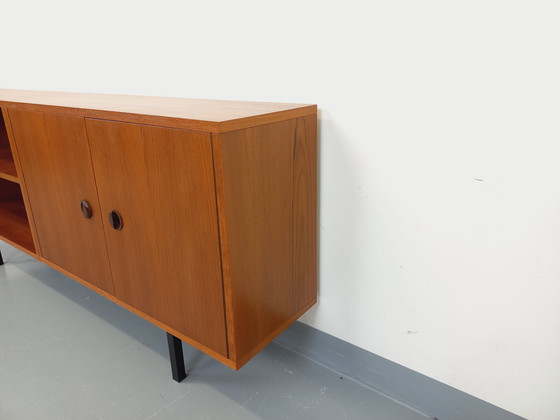 Image 1 of Enfilade meuble de rangement bibliothèque vintage style scandinave moderniste en teck et métal noir des années 60