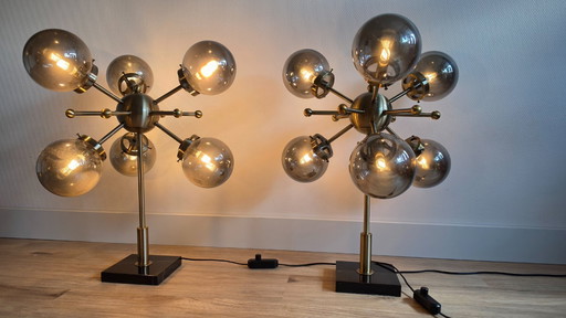 2 x Amo Table Lamp 6 x LED each, dimmable. Smoked glass globes