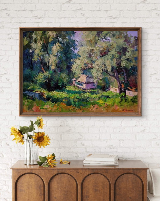 Original Oil Painting Rural Summer Landscape Village House Among Greenery – Paintings & Drawings, Canvas (photo 3 of 7)