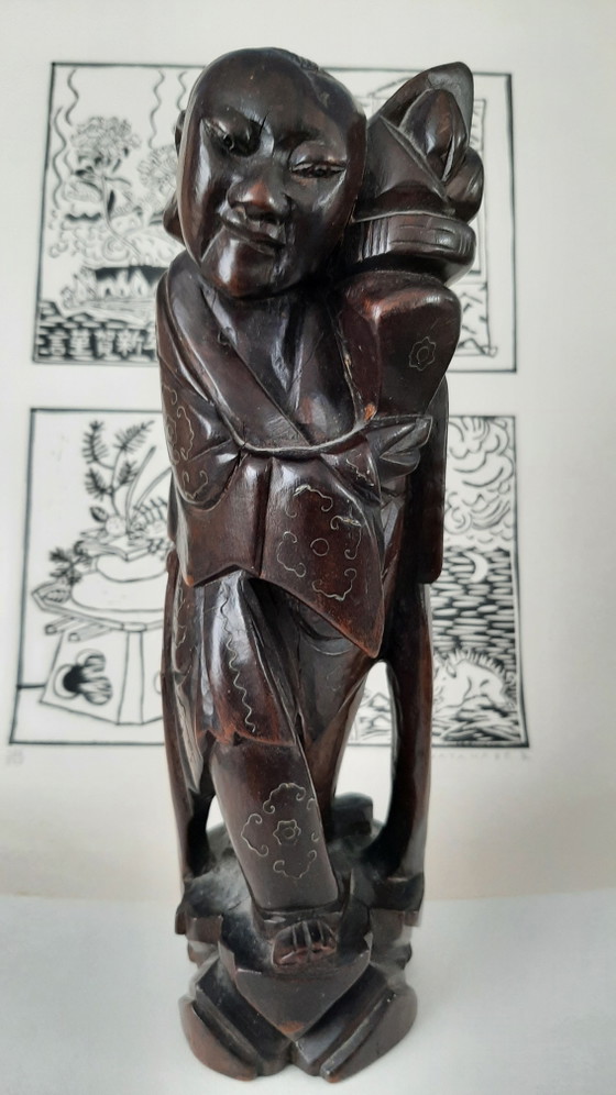 Image 1 of Antiek Chinees houten beeld, 1920 met zilverinleg