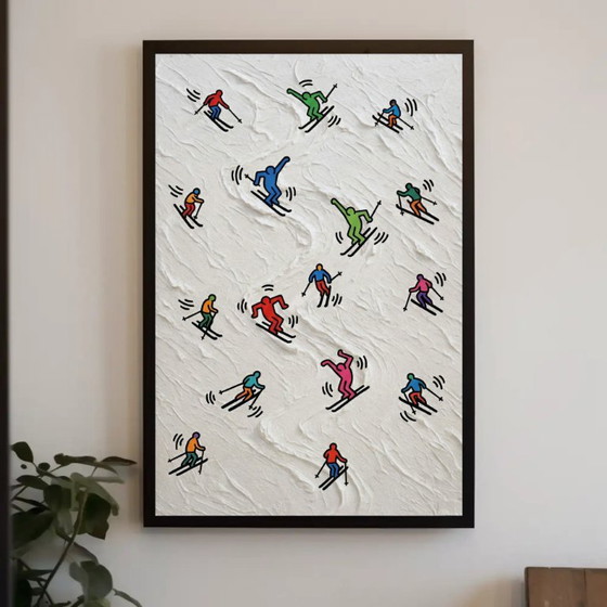 Schilderij met skiërs, veelkleurig, Schilderijen & Tekeningen, Papier, Meerdere kleuren, Modern (foto 5 van 6)