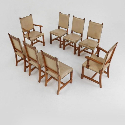 Art Deco eetkamerstoelen van eiken en leer, jaren 1940, set van 8