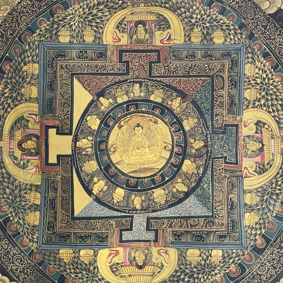 Mandala Thangka tibetano antico - Dipinto a mano con sigillo di cera - 90cm – Dipinti e disegni, Cotton (photo 3 of 9)