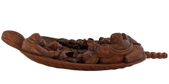 Chinees houten snijwerk, 19e eeuw – Onsterfelijken in een boot. – Beeldhouwkunst, Wood (photo 7 of 10)