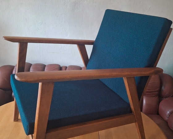 Image 1 of Danish Teak Lounge Chair with Sea Blue-Green Fabric, 1960s
