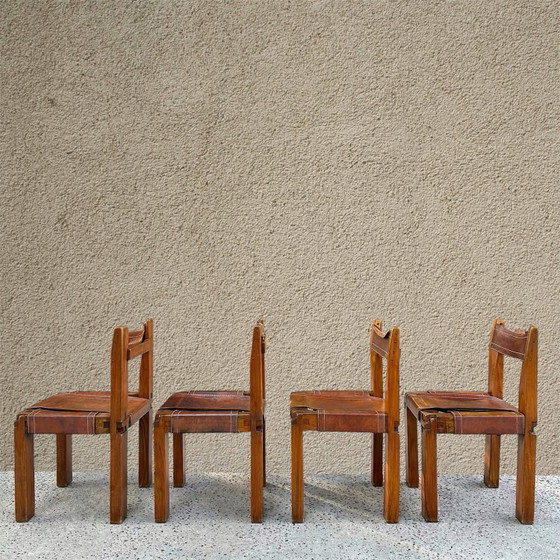 Set di 4 sedie di Pierre Chapo, 1960, Sedie da pranzo, Pelle, Marrone (foto 5 di 12)