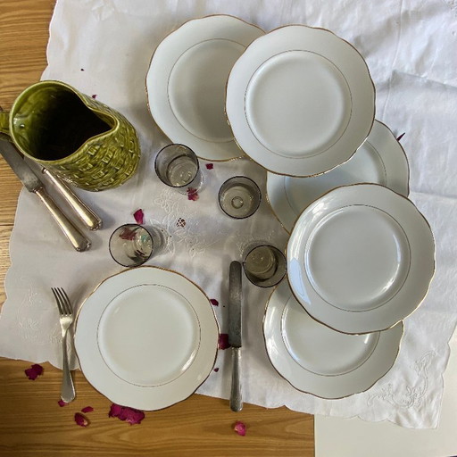 6 piatti piani antichi in porcellana Lamotte Sologne con doratura vintage