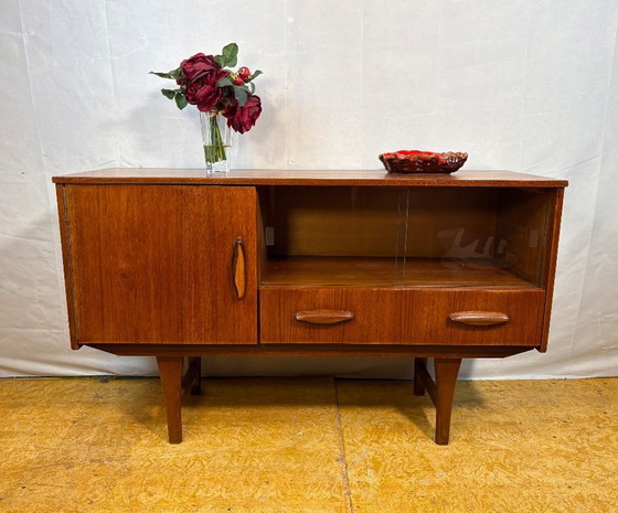 Image 1 of Mid-Century Retro Vintage Teak Small Sideboard by Jentique 1960s  Sliding Glass Doors • Elegant Danish Influence • Perfect Compa