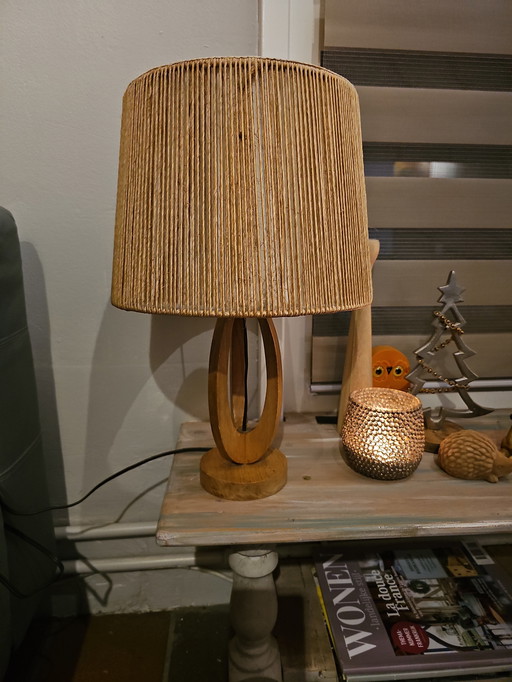 Lampada da tavolo vintage scandinava del 1950-1970 in legno e filo di iuta
