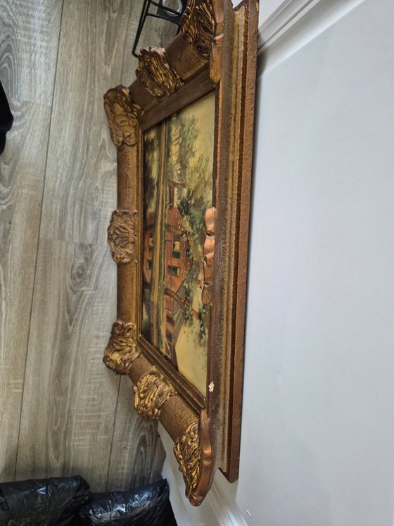 Image 1 of Antico dipinto paesaggistico olandese con canale e casa