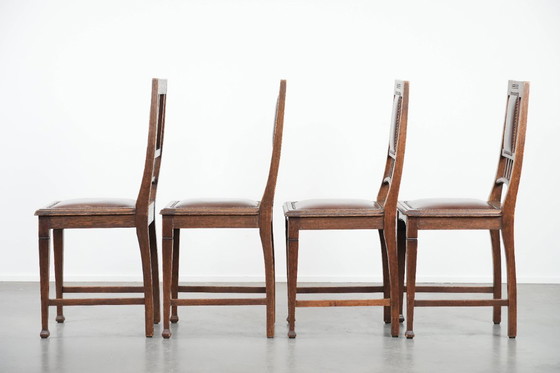 Image 1 of 4 x Antique Oak Dining Chairs in Art Nouveau Style with Cognac-Colored Cowhide Leather