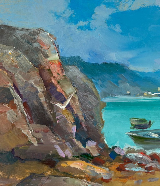 Image 1 of Original Oil Painting Summer Sea Landscape Boat on the horizon