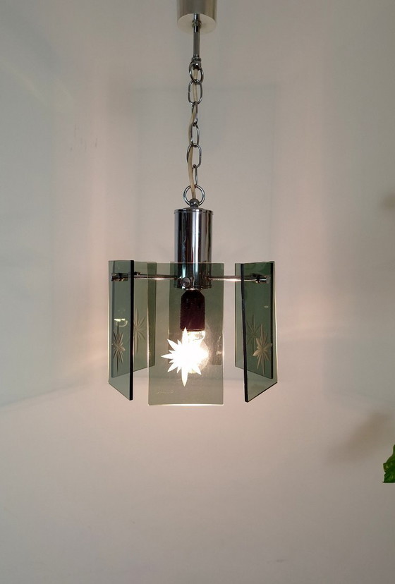 Image 1 of Mid-Century Modern Pendant Lamp, Made in Yugoslavia, EMI Poljčane, 1970s Modern Light, Green Smoked Glass, Space Age, Atomic Age