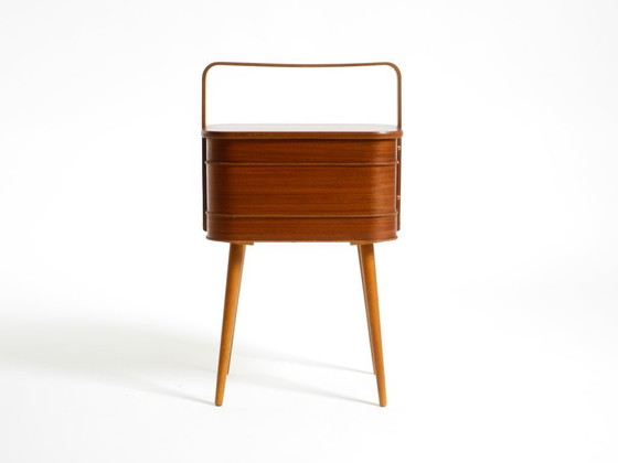 Image 1 of Beautiful original Mid Century teak sewing box with hinged compartments