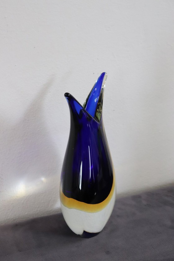 Image 1 of Vase en verre de Murano bleu et jaune par Formia, années 1970