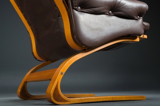 Image 1 of Set 2 bruin leren fauteuils van Elsa & Nordahl Solheim voor Rybo Rykken & Co, 1970