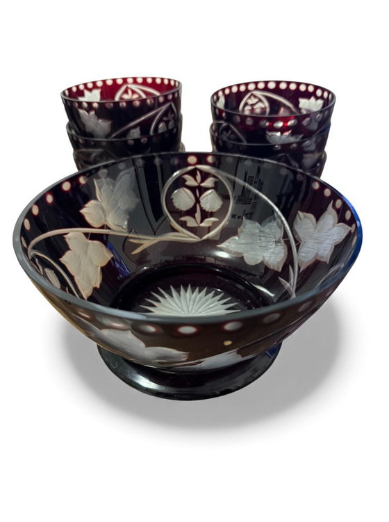 Image 1 of Bohemian crystal salad bowl set from the 1960s