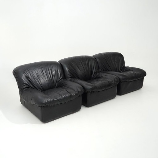 Modulaire fauteuils van zwart leer, jaren 70
