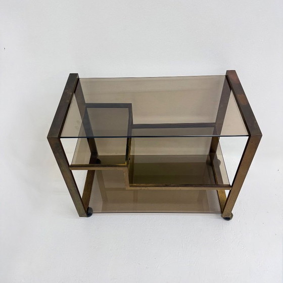 Image 1 of Barwagen aus Messing mit Rauchglas aus der Mitte des 20. Jahrhunderts, 1970er Jahre