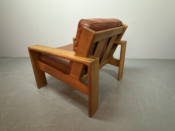 Image 1 of Mid-Century Brutalist Esko Pajamies Design 'Bonanza' Cognac Leather Lounge Chair on Solid Wooden Frame, Finland 1960s.
