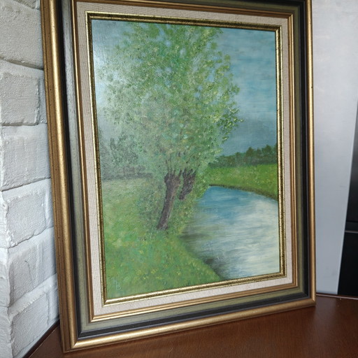 Vintage Impressionist Oil Painting "Lente – Groen" – Framed Landscape – Signed Monogram – 52 × 41 cm