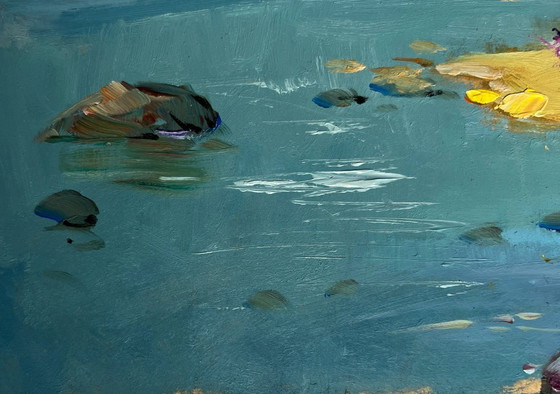 Image 1 of Origineel olieverfschilderij: Zomerkustlandschap, bewolkte dag op zee