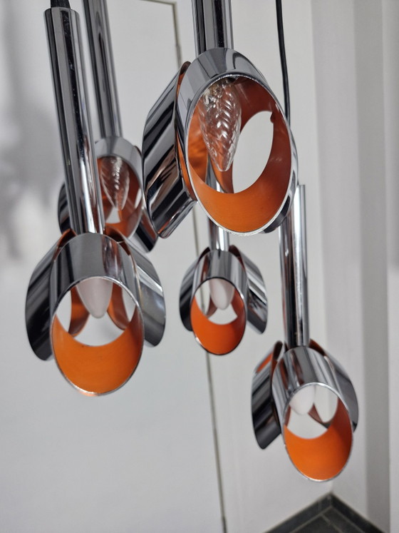 Massive Space Age cascade pendant lamp, chrome and orange, 5 light points, Metal, Silver (photo 8 of 15)