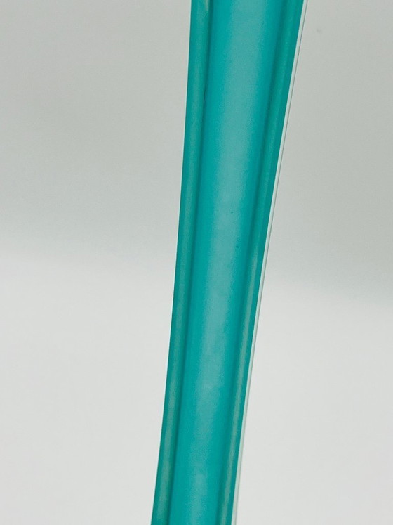 Image 1 of Murano-style turquoise glass bud vase in the shape of the Eiffel Tower