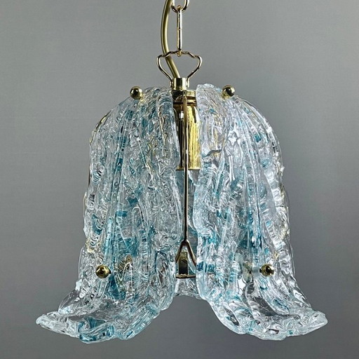 1990s Murano glass pendant light three leaves with blue glass shards. New old stock. Never used.