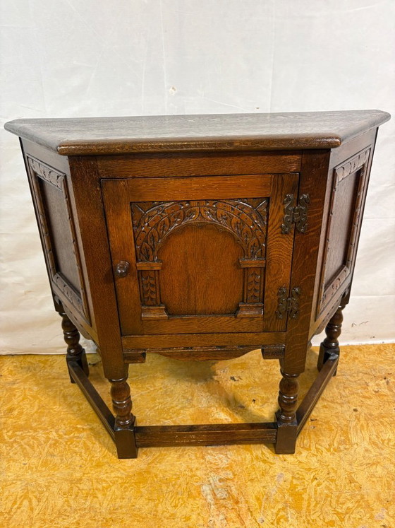 Image 1 of Vintage Old Charm Furniture Canted Side Cabinet by Wood Brothers (Circa 1970)  A charming and beautifully crafted vintage canted