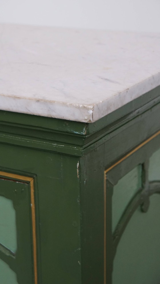 Image 1 of Antico bancone/comò verde della fine del XIX/inizio del XX secolo con piano in marmo
