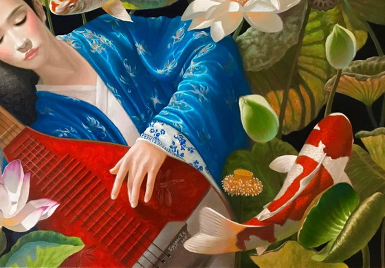 Original Oil Painting Surrealism Japanese Motif Thoughts for a Girl – Paintings & Drawings, Canvas (photo 5 of 8)