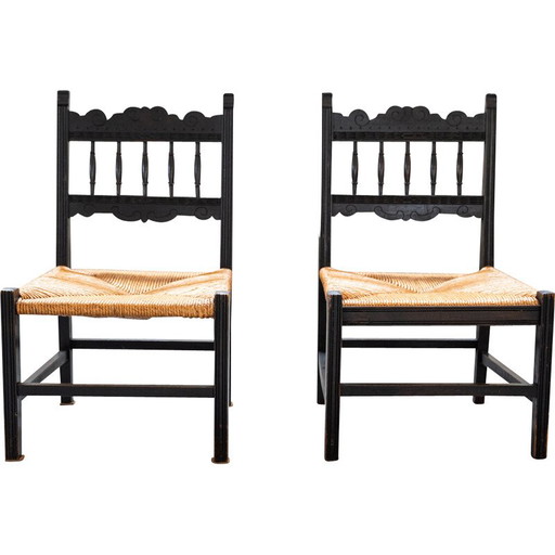 Paar vintage lage slaapkamerstoelen in essenhout en gevlochten rijststro, Italië 1960