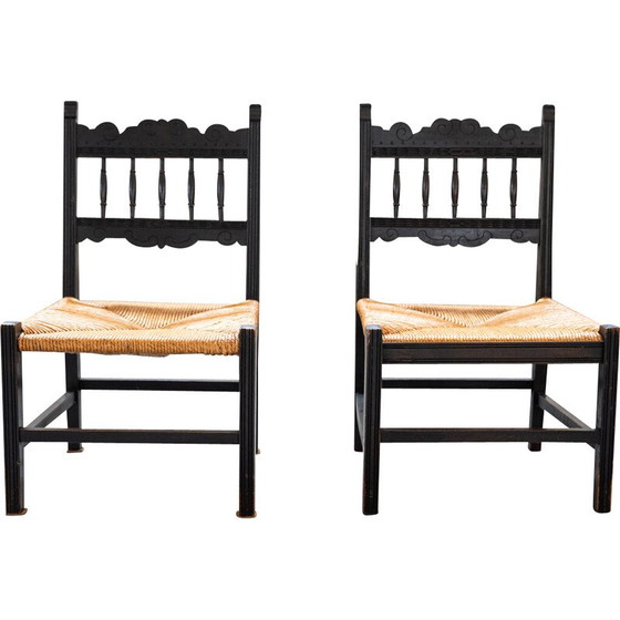 Image 1 of Pair of vintage low bedroom chairs in ash and woven rice straw, Italy 1960
