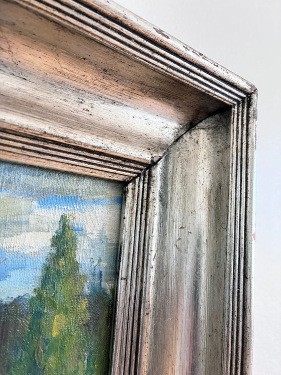 Image 1 of Peinture à l'huile originale vintage représentant un paysage champêtre.