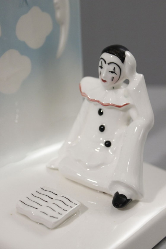 Image 1 of Pair of vintage earthenware bookends, Pierrot de la Lune design, 1980s