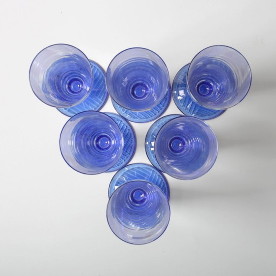 Set van 6 Vintage Glazen met Blauwe Voet / Zeldzame Hoge Tumblers / Zwiesel Glas / Duitsland / Jaren 90 (photo 8 of 11)