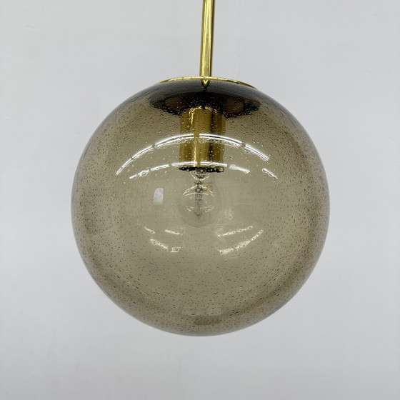 Image 1 of Limburg Glashütte Brass Smoked Glass Ball Pendant Hanging Lamp, 1970s