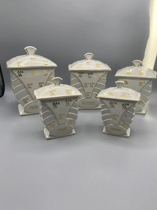 5 Art Deco Faience Spice Jars, Flour Sugar Coffee Tea Pepper, Gilded Decoration – servies