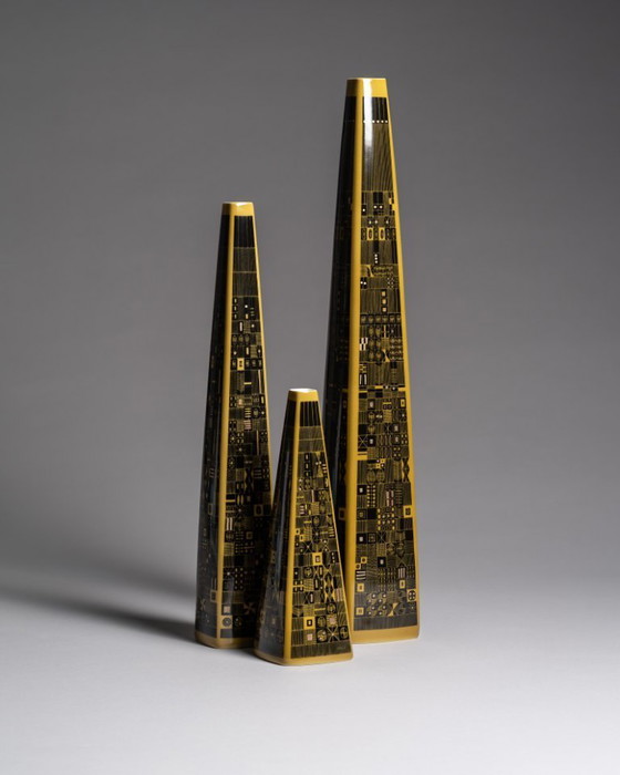 Image 1 of Rare Rosenthal Studio-Line Mustard Graphic Design by Theo Baumann Vase Trio MCM